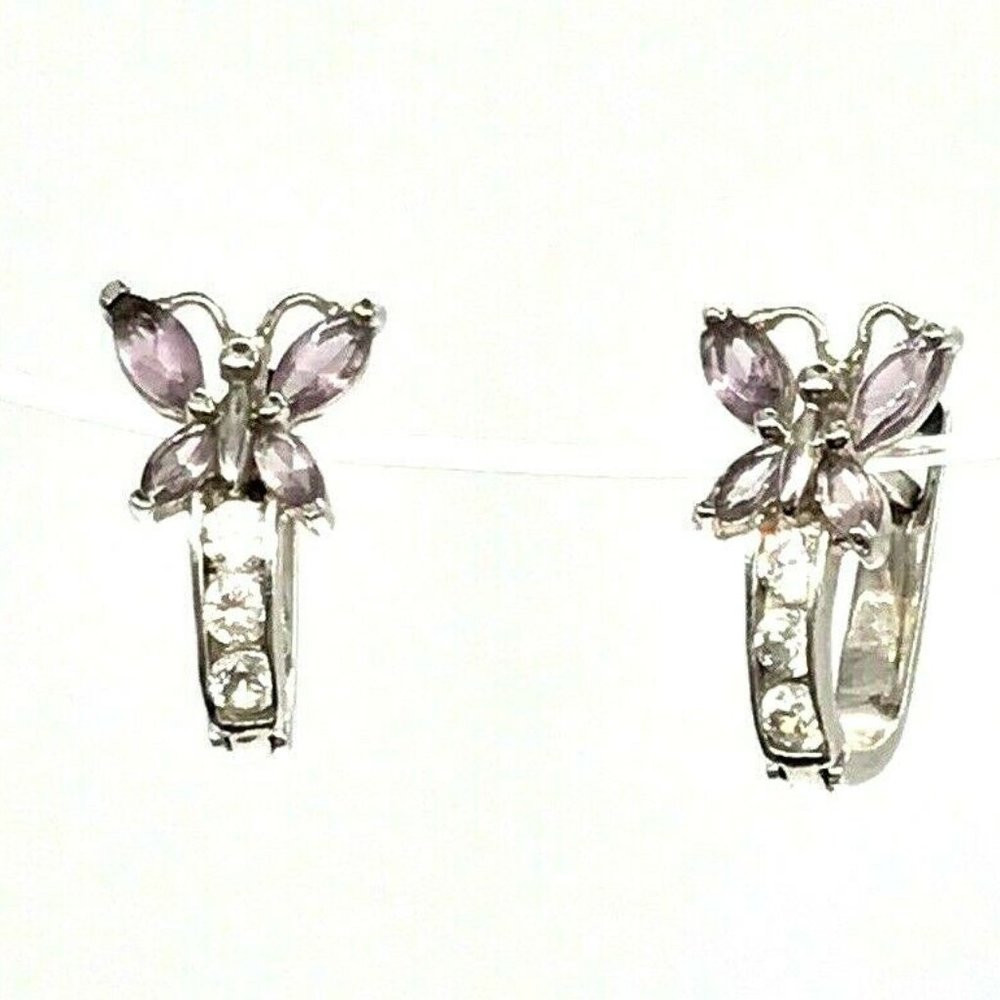 Sterling Silver Cubic Zirconia Leverback Earrings Butterfly Shape Light Purple